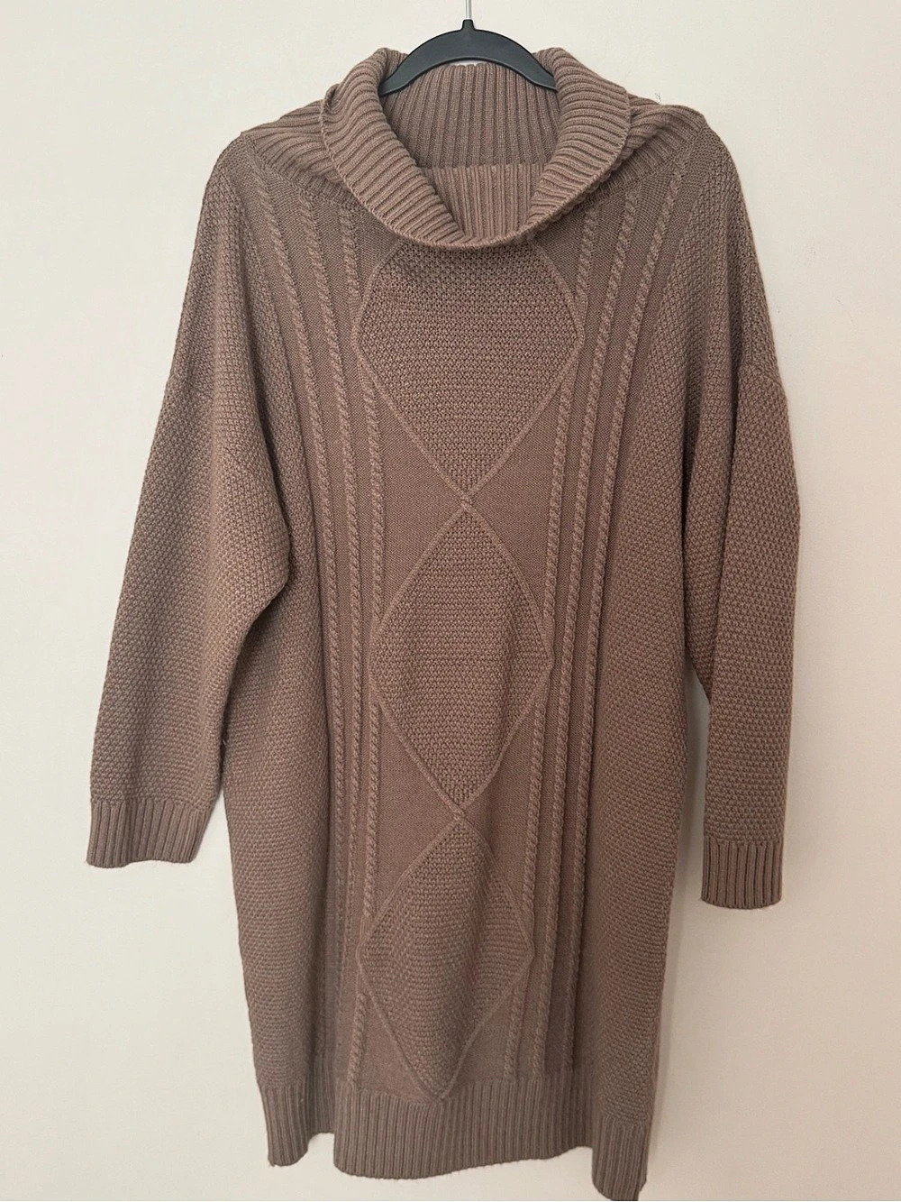 Signature by Robbie Bee Cowl Neck Cable Knit Sweater Dress Brown Small
